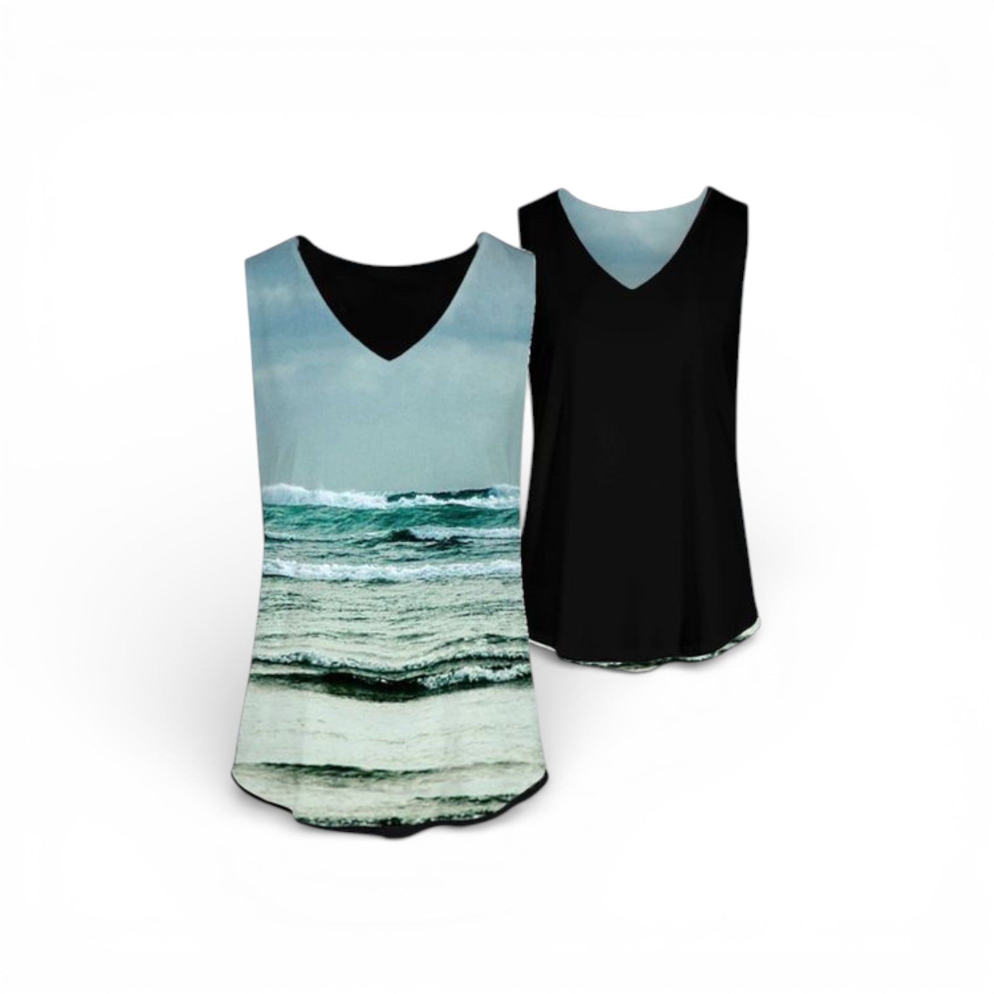 Two tank tops, one with a beachscape design and the other black, on a white background.