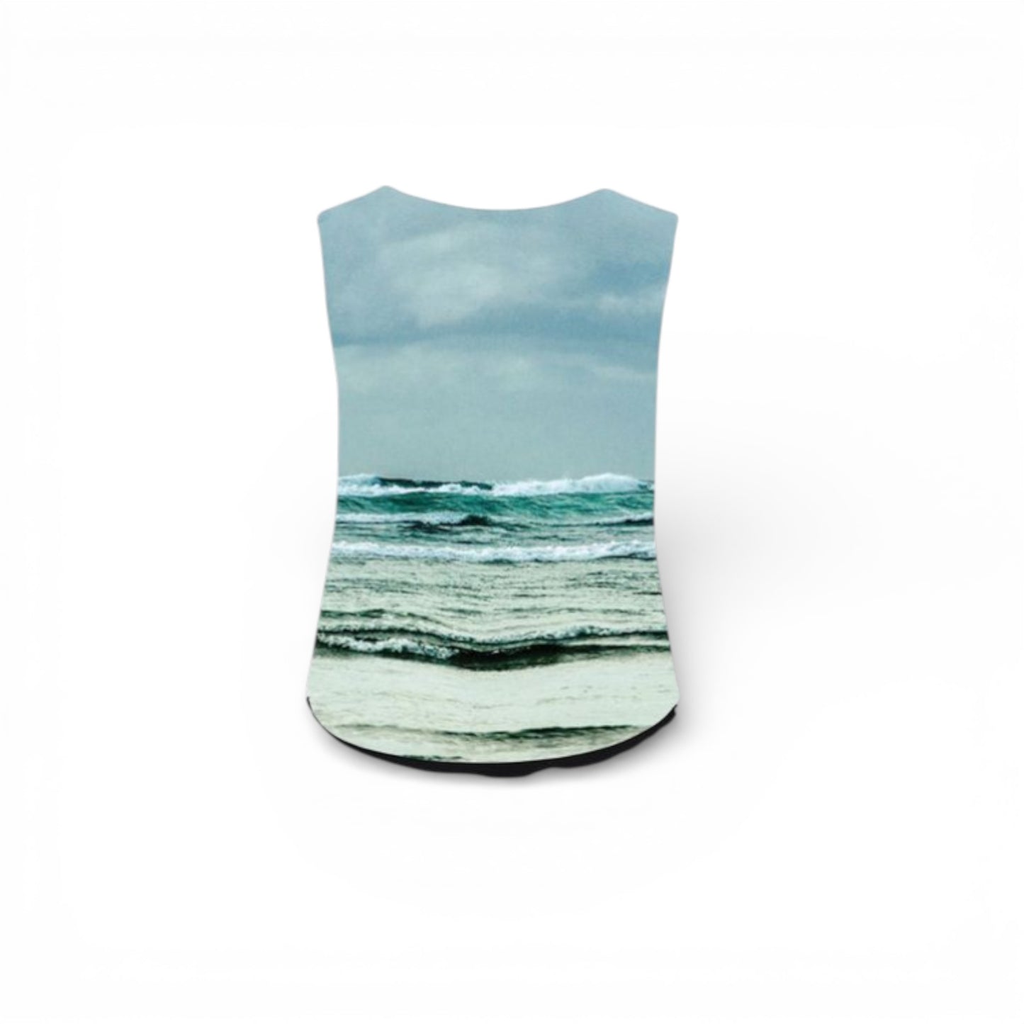 Sleeveless top with a design of ocean waves and sky on a white background