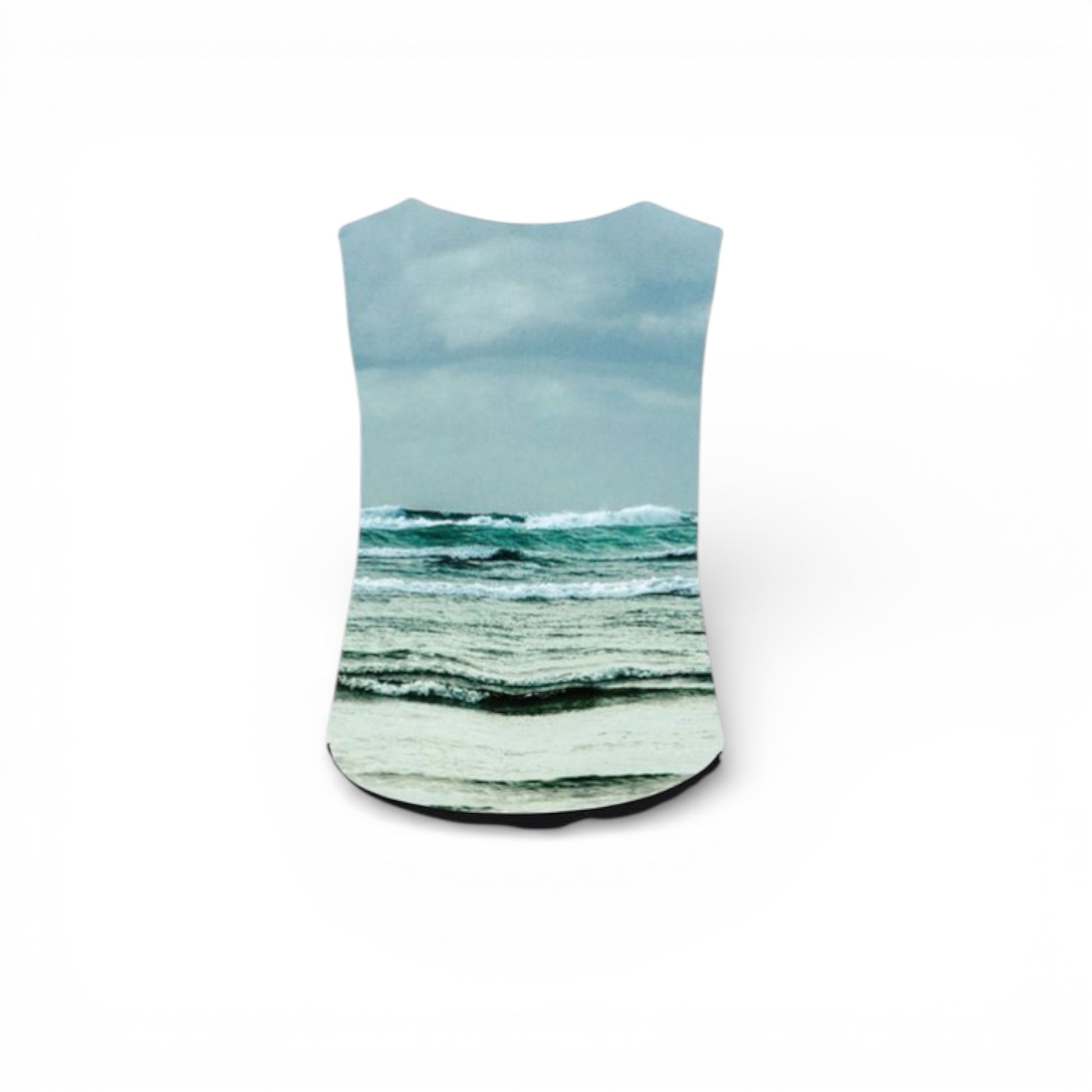 Sleeveless top with a design of ocean waves and sky on a white background