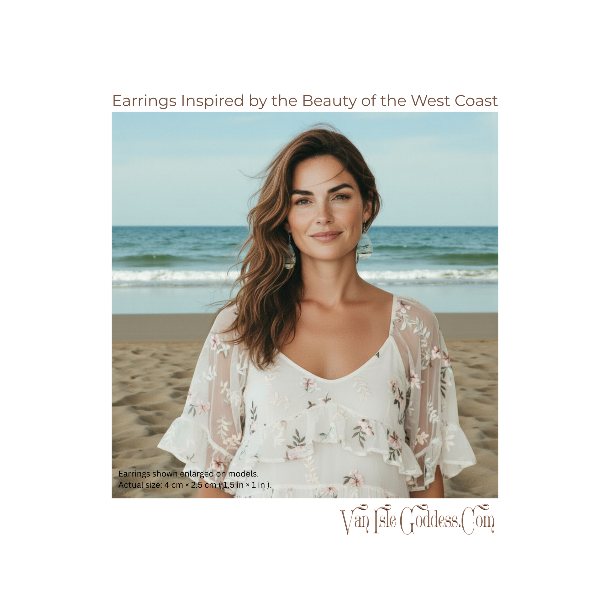 Woman on a beach with text about earrings inspired by the West Coast, Van Isle Goddess brand visible.