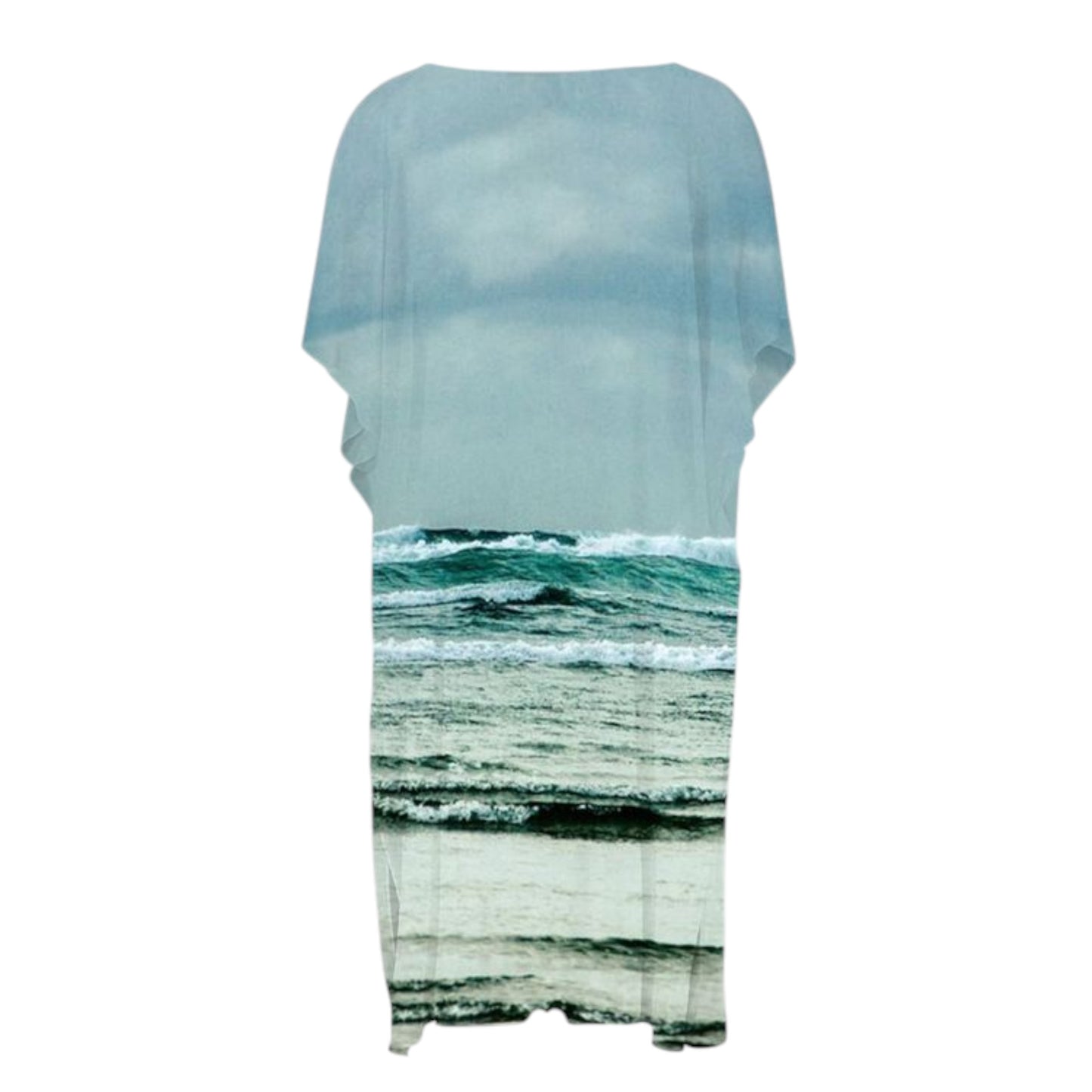 reverse side All over print short sleeve kimono wrap image is of the ocean waves at Long Beach in Tofino.