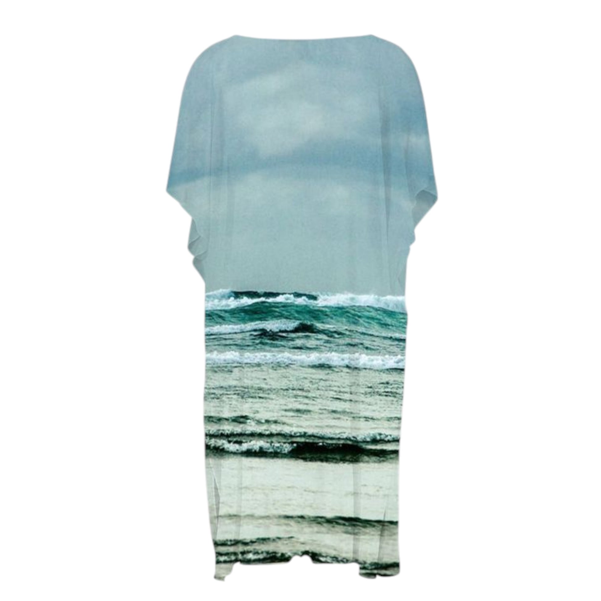 reverse side All over print short sleeve kimono wrap image is of the ocean waves at Long Beach in Tofino.