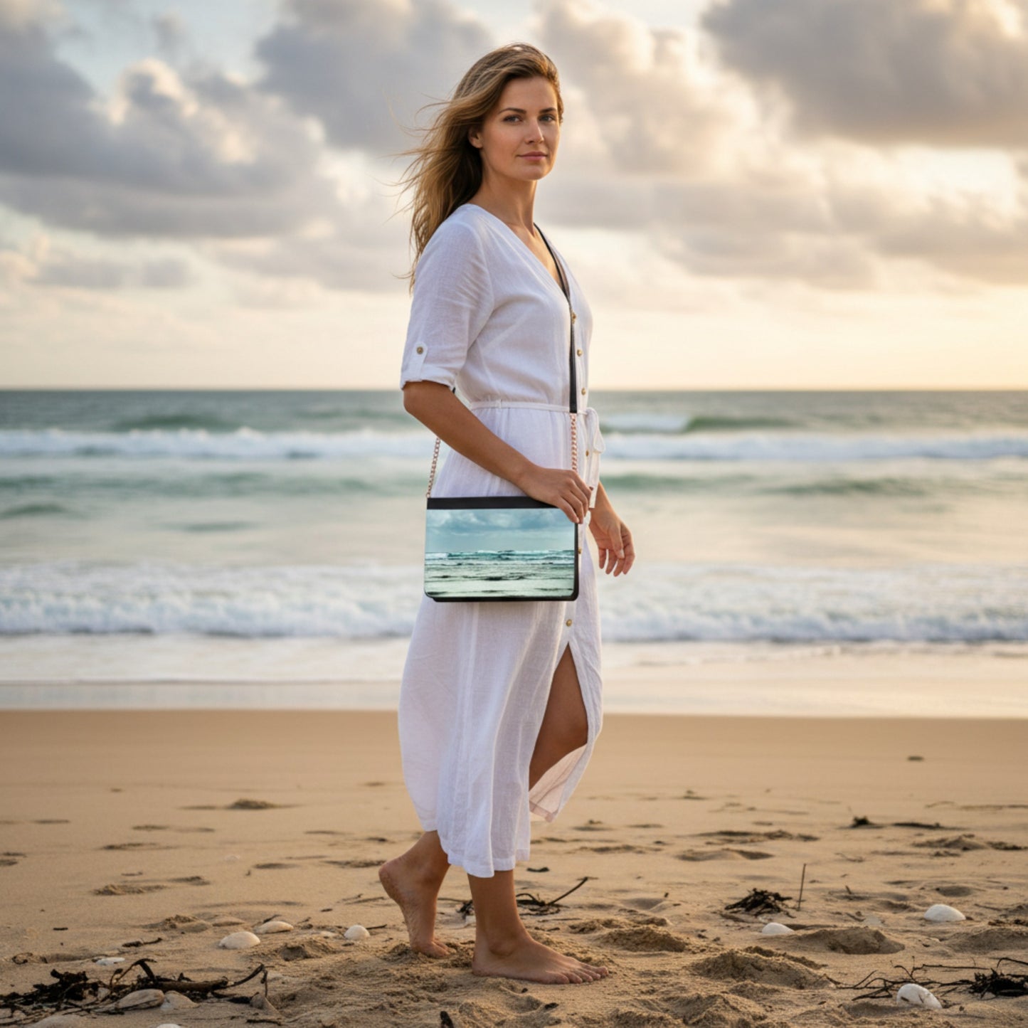 Woman in a white dress holding a bag with a beach design on a sandy beach.