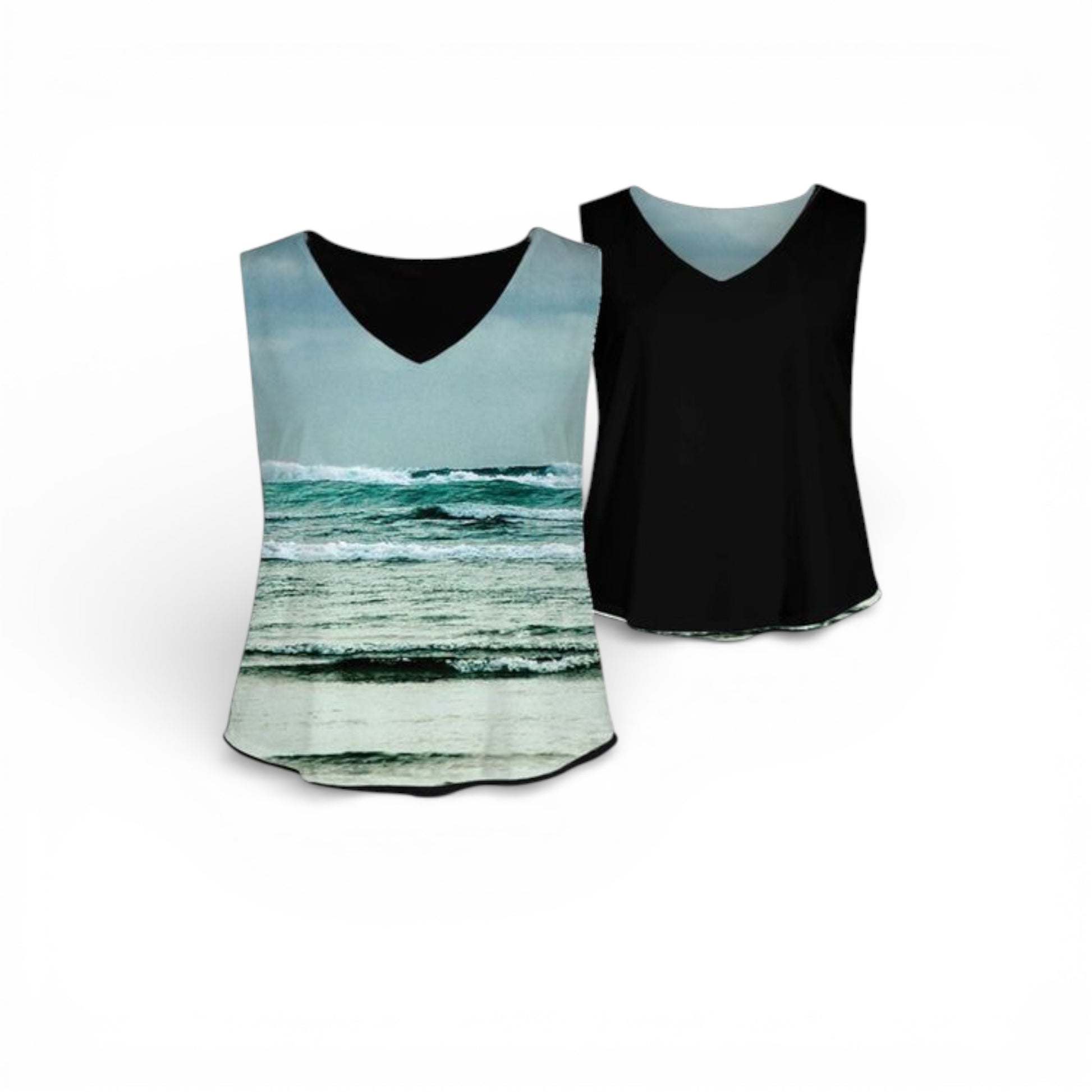 Two tank tops, one with a beachscape design and the other black, on a white background.
