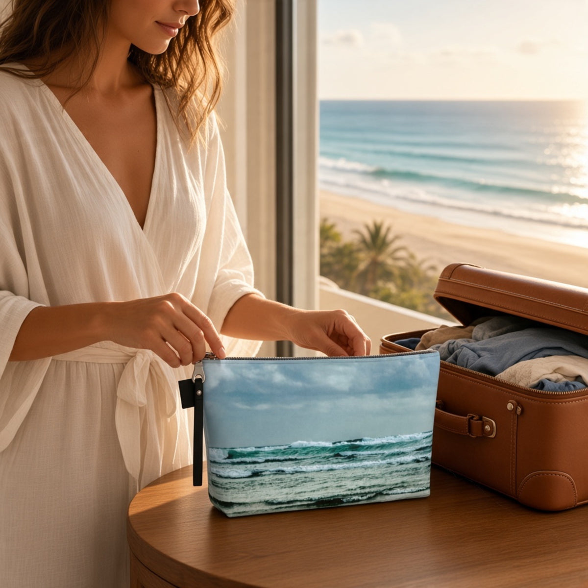 A woman in a white robe packs a beach-themed zippered pouch into an open brown suitcase by a window overlooking the ocean.