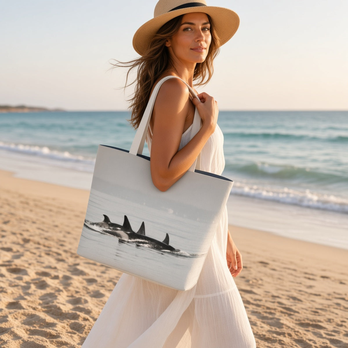 A woman in a white dress and straw hat stands on a sandy beach holding a large tote bag printed with a orcas swimming in formation design. The ocean and sky are visible in the background.