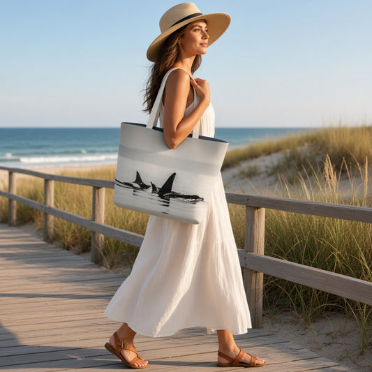 A woman in a white sundress and straw hat walks on a wooden boardwalk by the beach, carrying a large white tote bag with a orca pod print. The background shows ocean dunes, grass, and the sea under a clear blue sky.