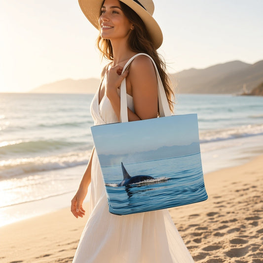 A woman in a white dress and straw hat stands on a beach holding a large tote bag printed with a blue whale fin and ocean scene. The background shows the ocean, sand, and distant mountains in warm golden-hour light.