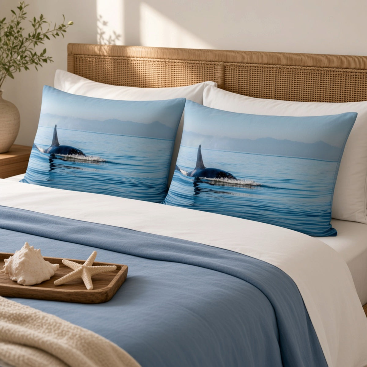 Two printed pillowcases featuring a blue ocean scene with a dolphin, styled on a bed with a blue blanket, white pillows, and a woven headboard.
