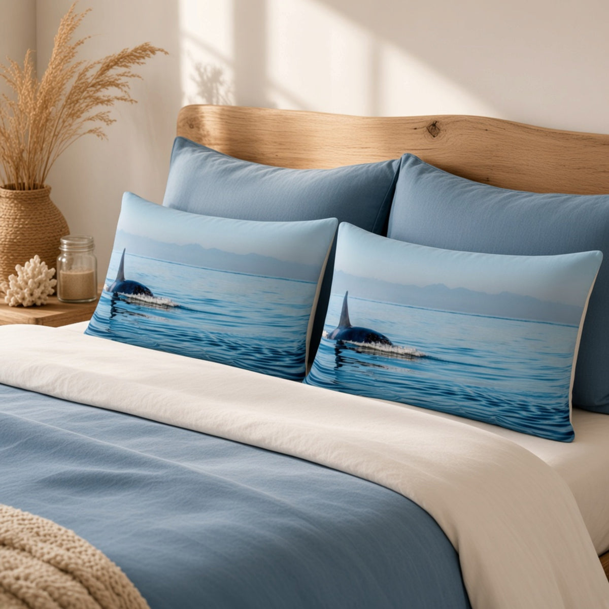 Two rectangular decorative pillows with a blue whale and ocean print, styled on a bed with blue bedding and a wooden headboard in a warm, sunlit bedroom.
