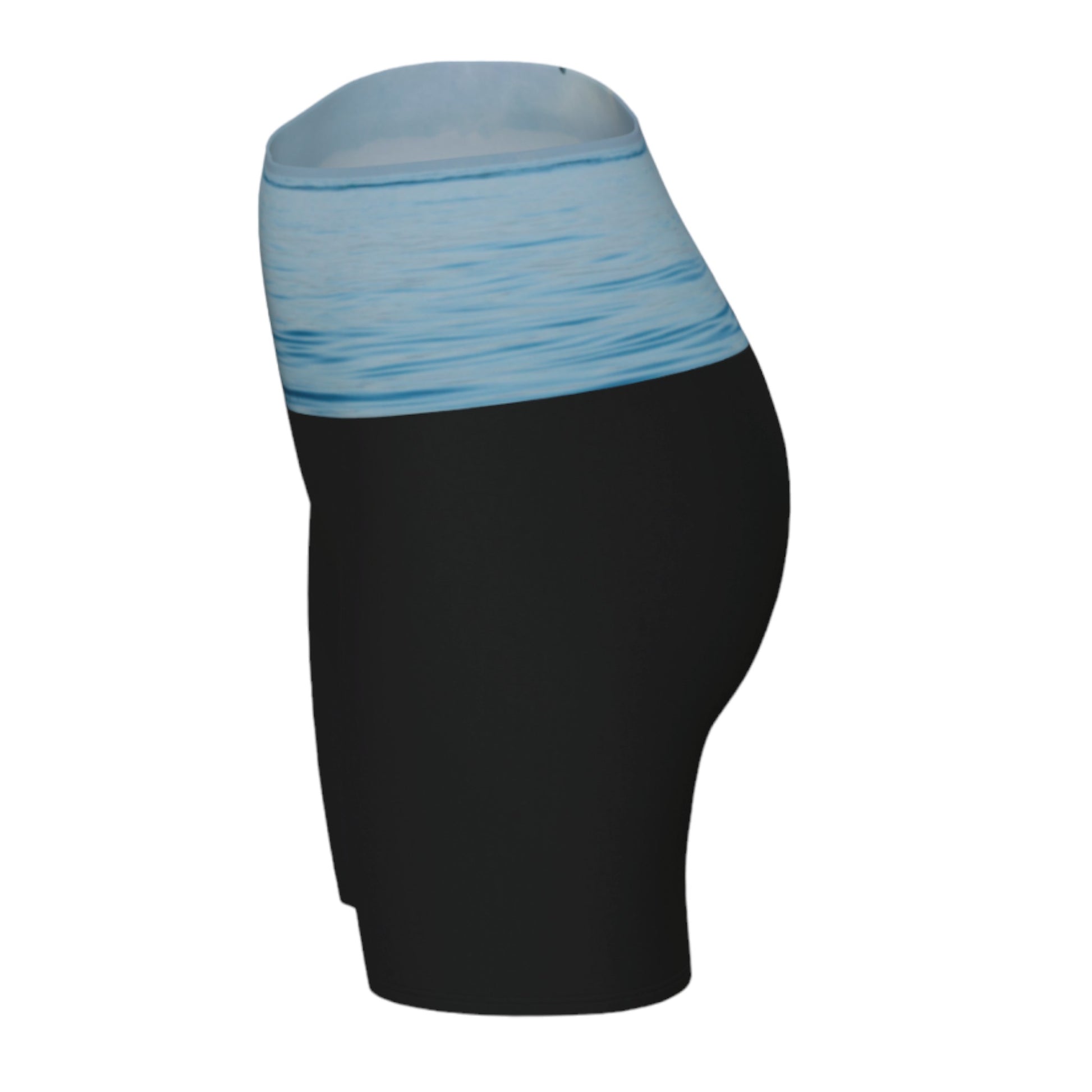 Orca Spray yoga shorts features a image of an orca exhaling on the ocean. This image is printed on the waistband and the rest of the shorts is black.