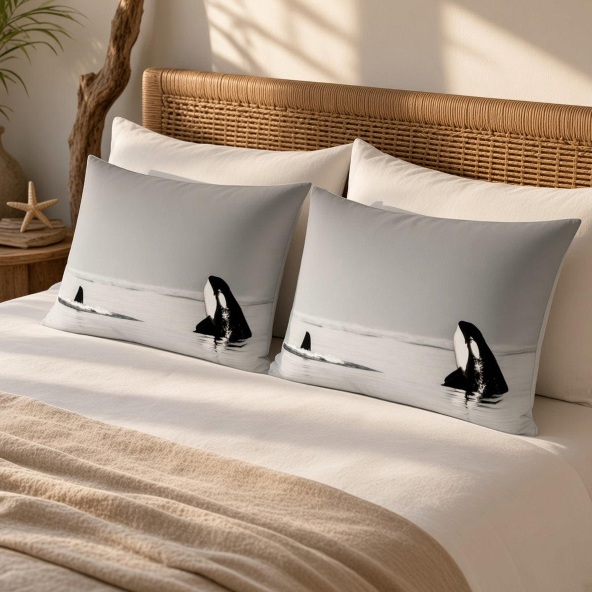 Two rectangular pillowcases with a black and white killer whale print, styled on a bed with white sheets and a beige blanket in a warm, sunlit room.