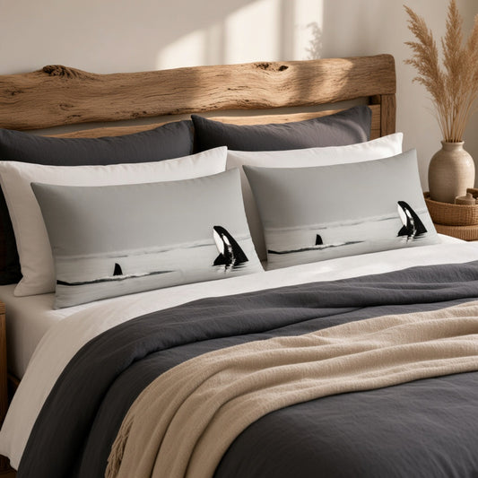 A styled bed with dark gray bedding, white sheets, and two light gray pillowcases featuring a black-and-white orca whale print. A rustic wooden headboard, beige throw blanket, and a vase with dried grass sit in the background.