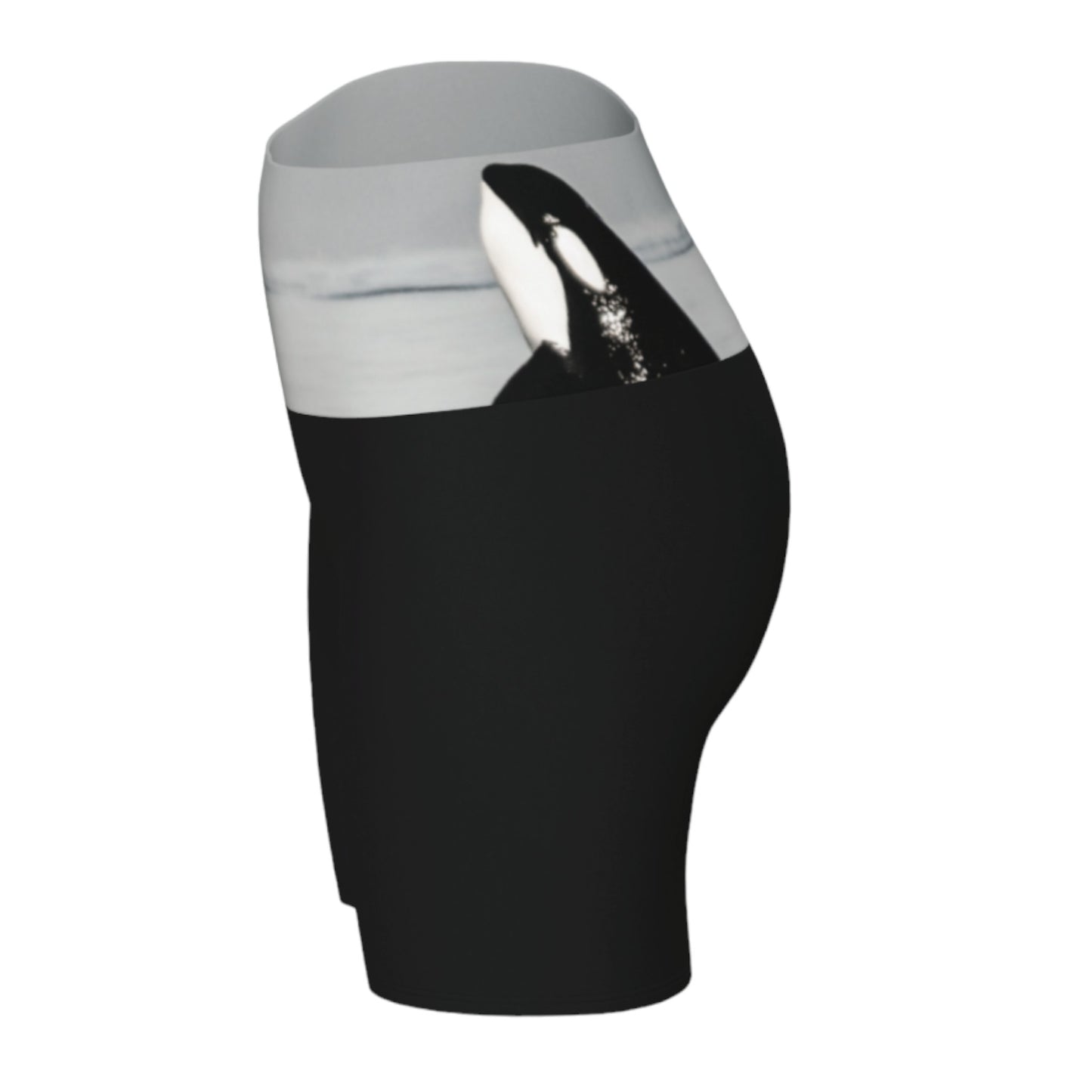 Orca spy Hop yoga shorts features an image of a orca doing the spy hop printed on the waistband.  The rest of the shorts are black.