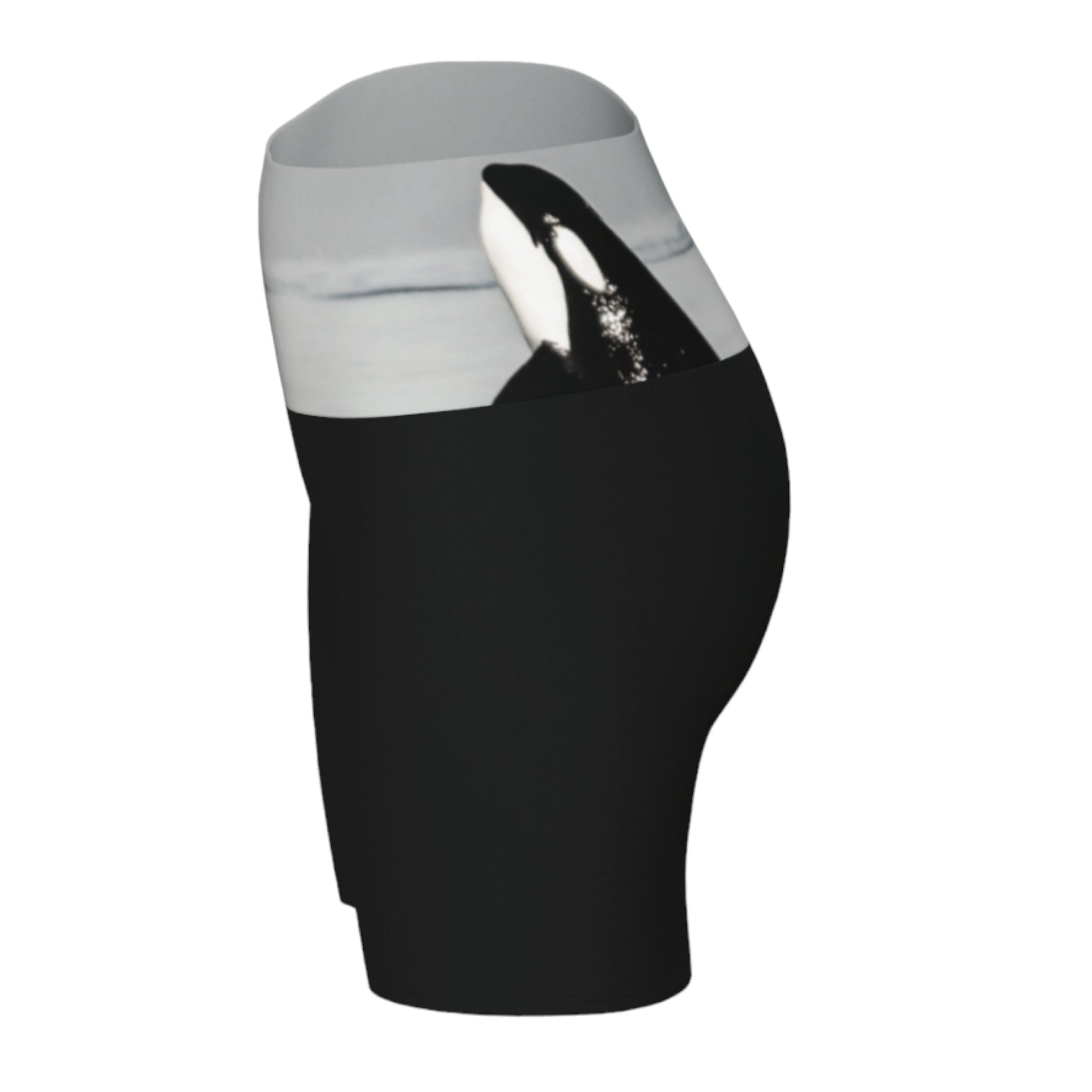 Orca spy Hop yoga shorts features an image of a orca doing the spy hop printed on the waistband.  The rest of the shorts are black.