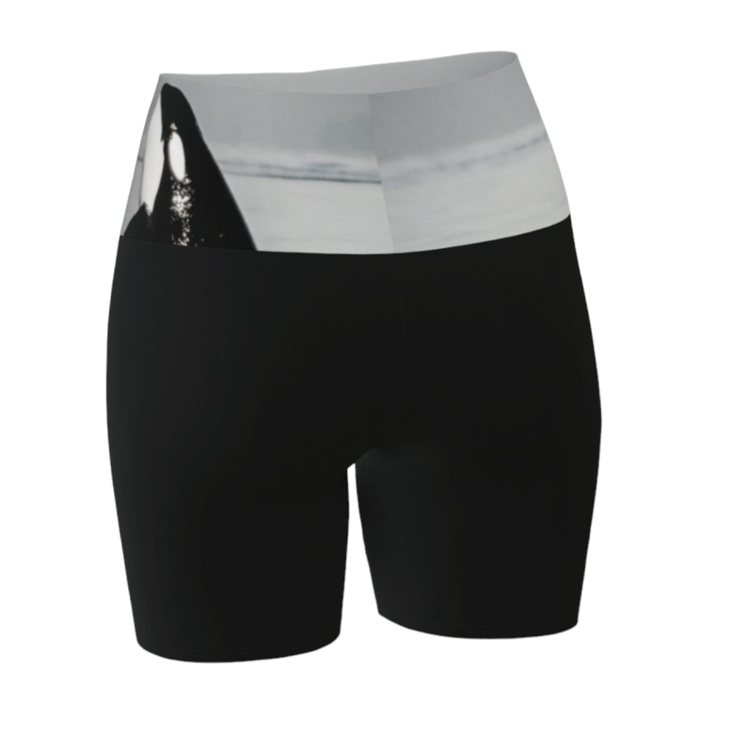 Orca spy Hop yoga shorts features an image of a orca doing the spy hop printed on the waistband.  The rest of the shorts are black.