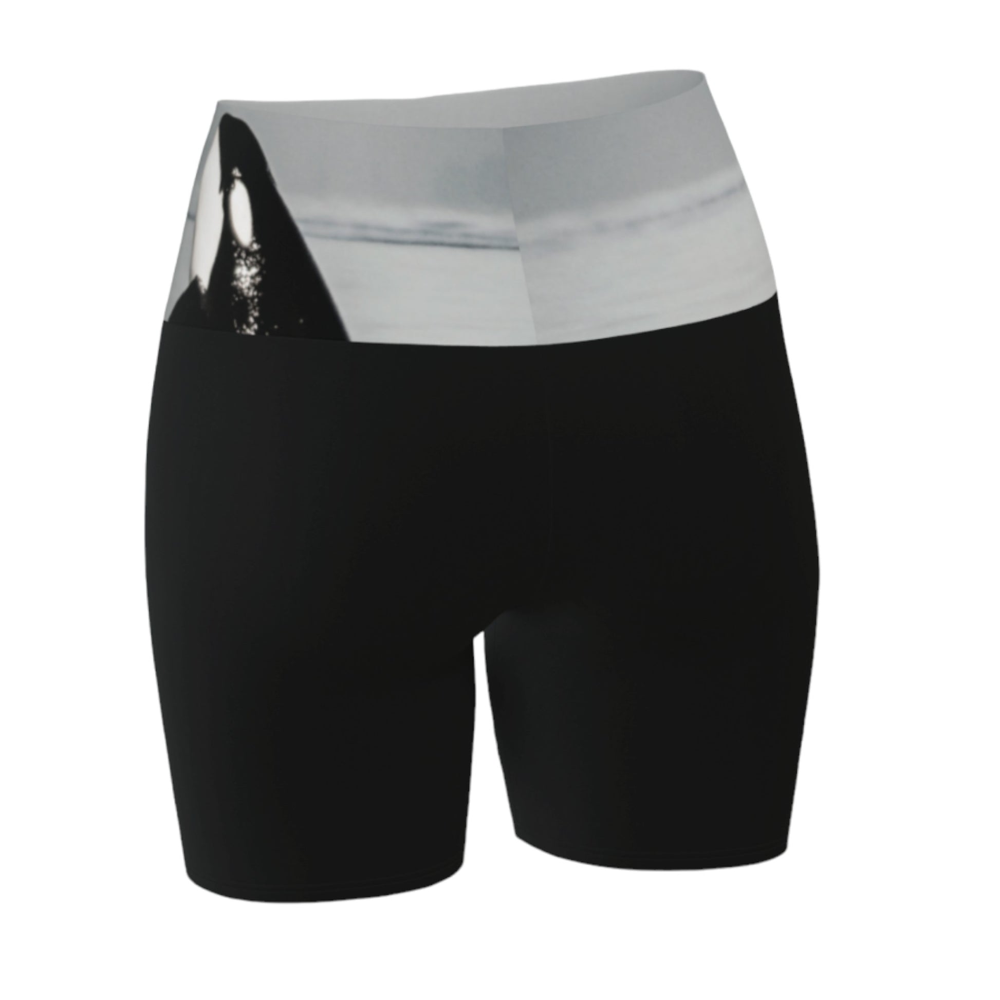 Orca spy Hop yoga shorts features an image of a orca doing the spy hop printed on the waistband.  The rest of the shorts are black.