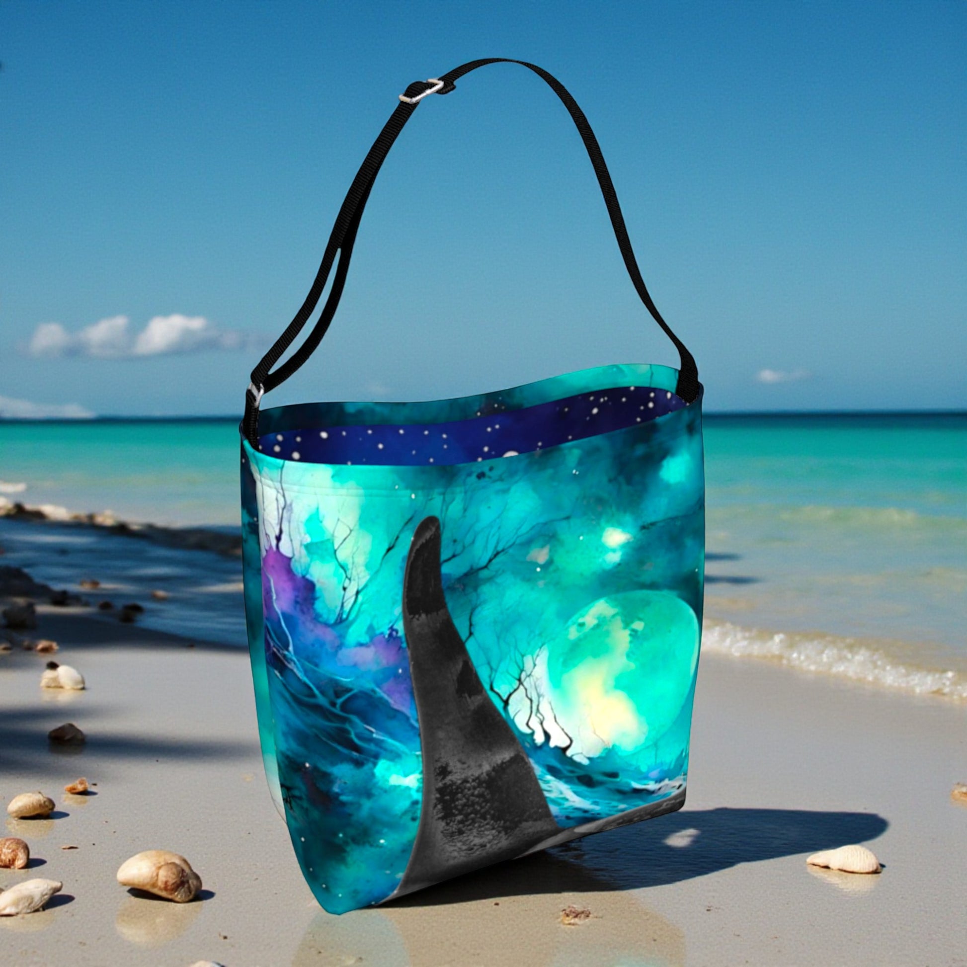 Orca Tote Bag on the beach.