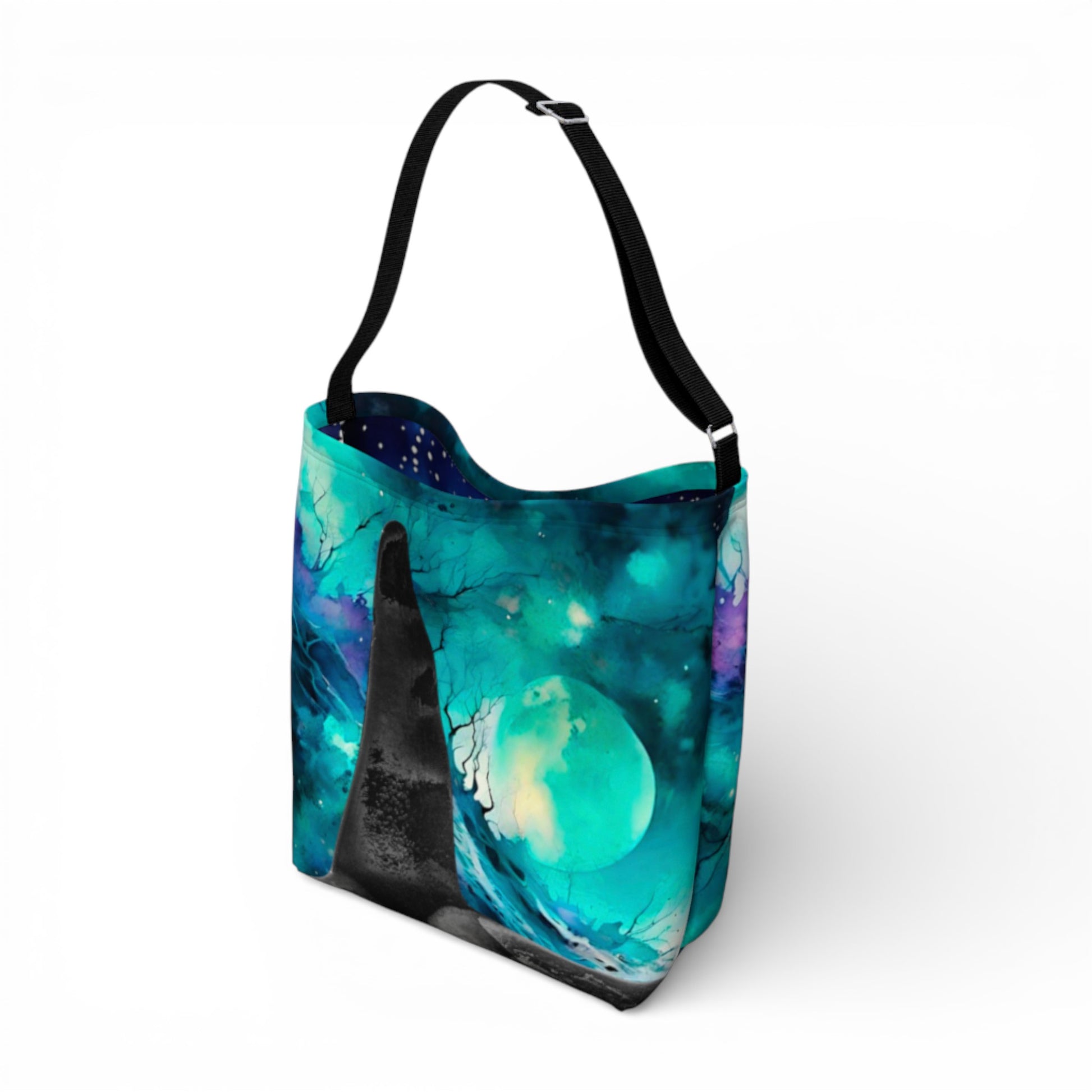 Tote bag with a colorful abstract design on a white background