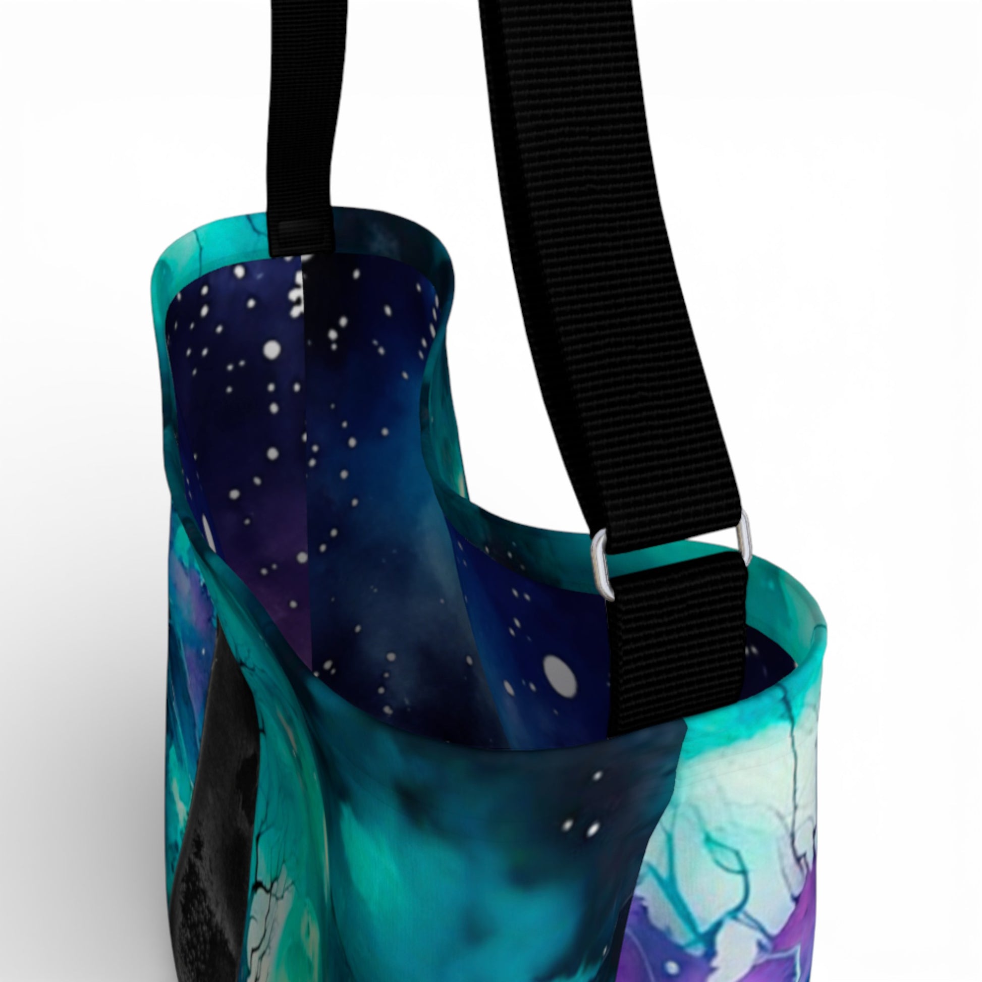 Colorful bag with a starry night design on a white background