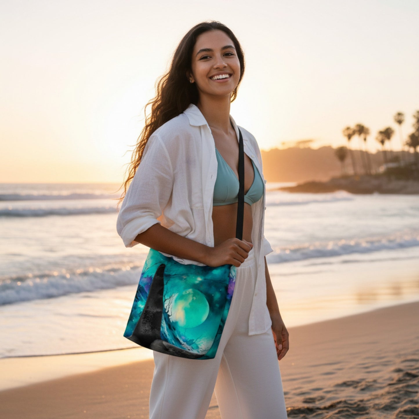 Woman holding a colorful bag on a beach at sunset
