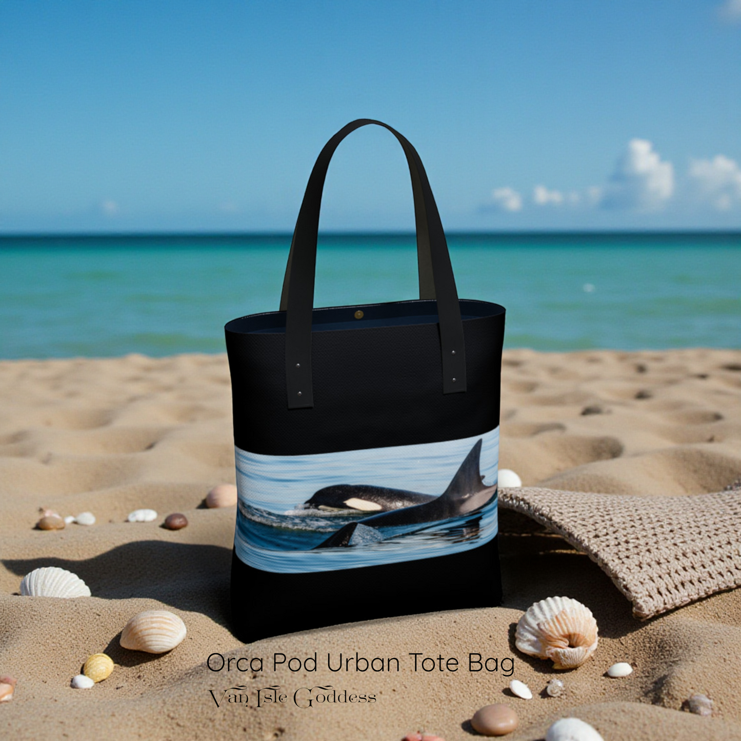Orca Pod Urban Tote Bag on a sandy beach with ocean view