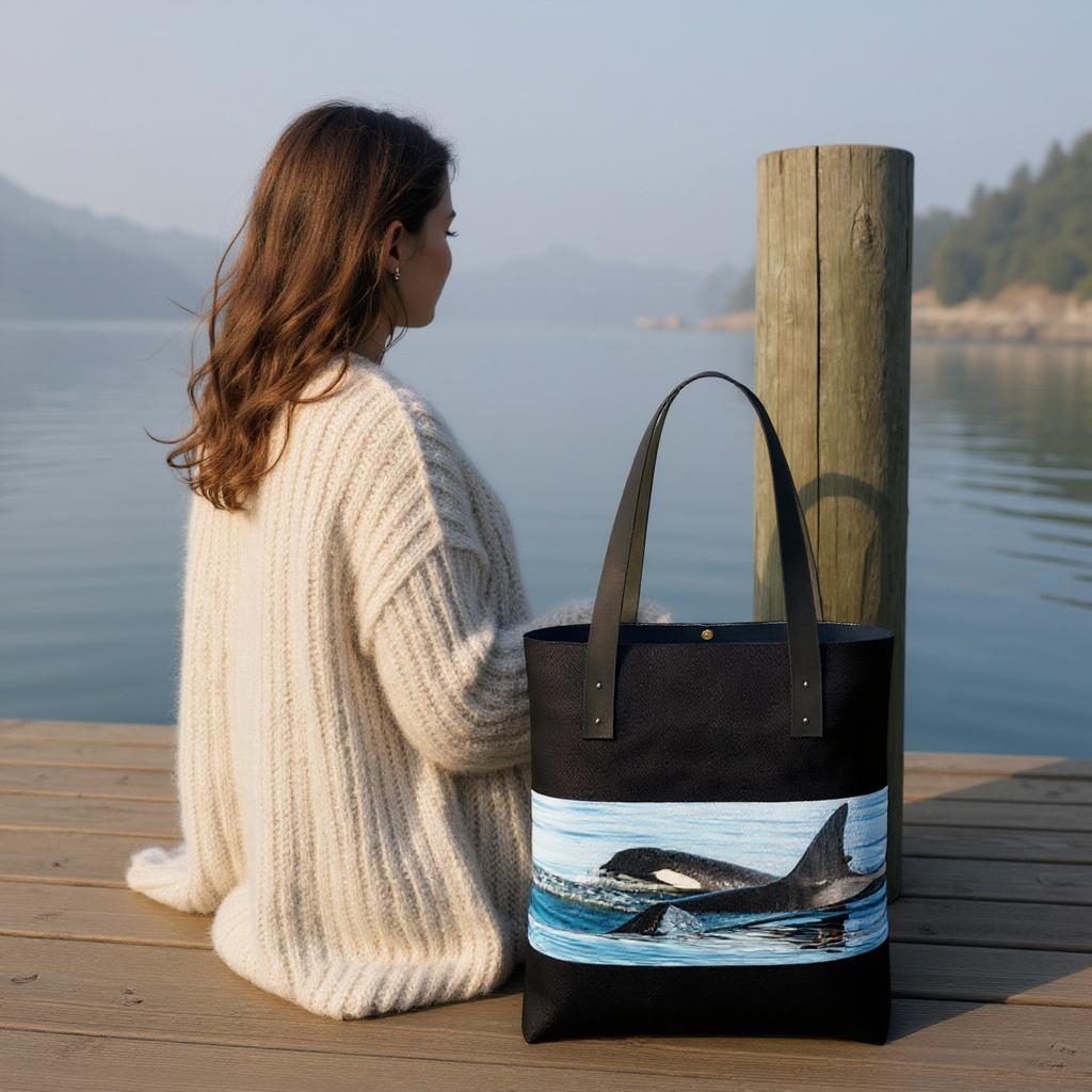 Woman sitting on a dock with a tote bag featuring an orca design.