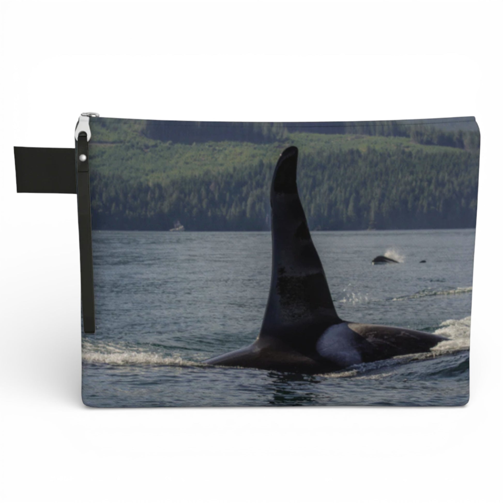 Pouch with an orca whale design on a white background