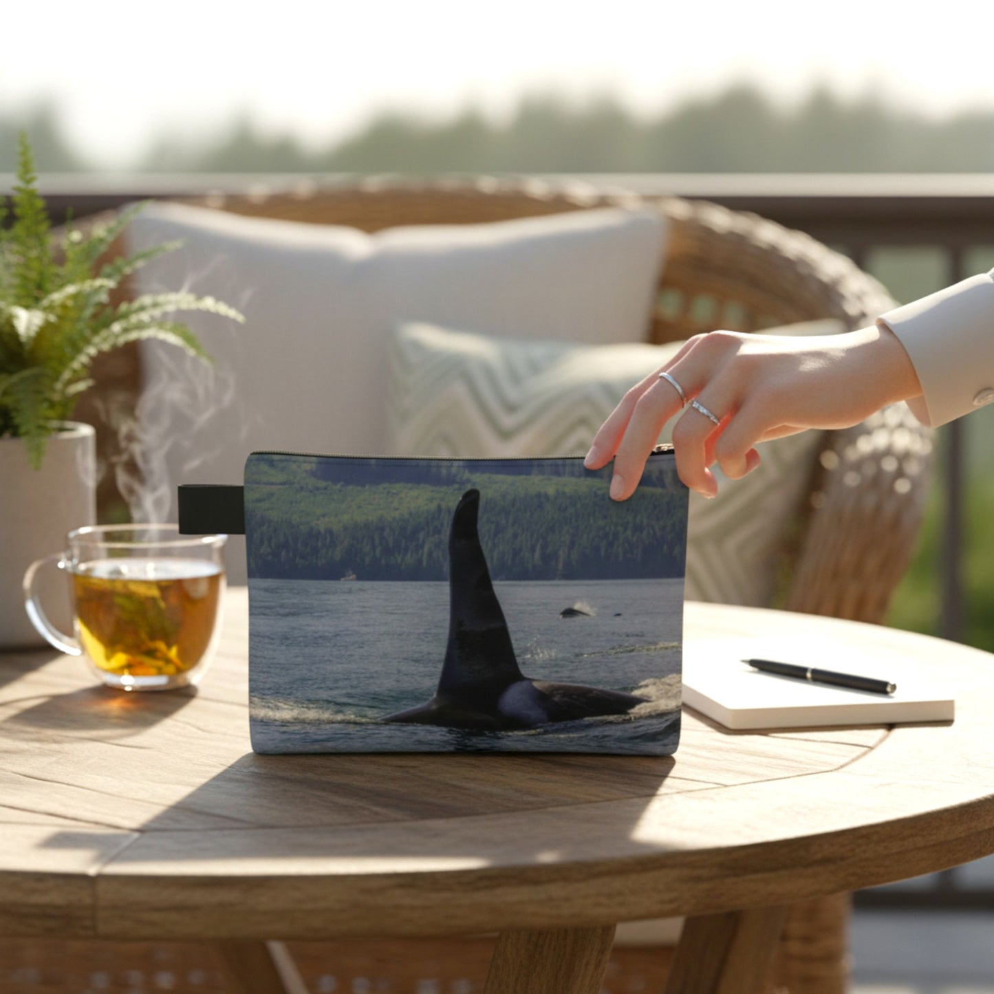 Person holding a laptop with an orca whale design on a wooden table outdoors.