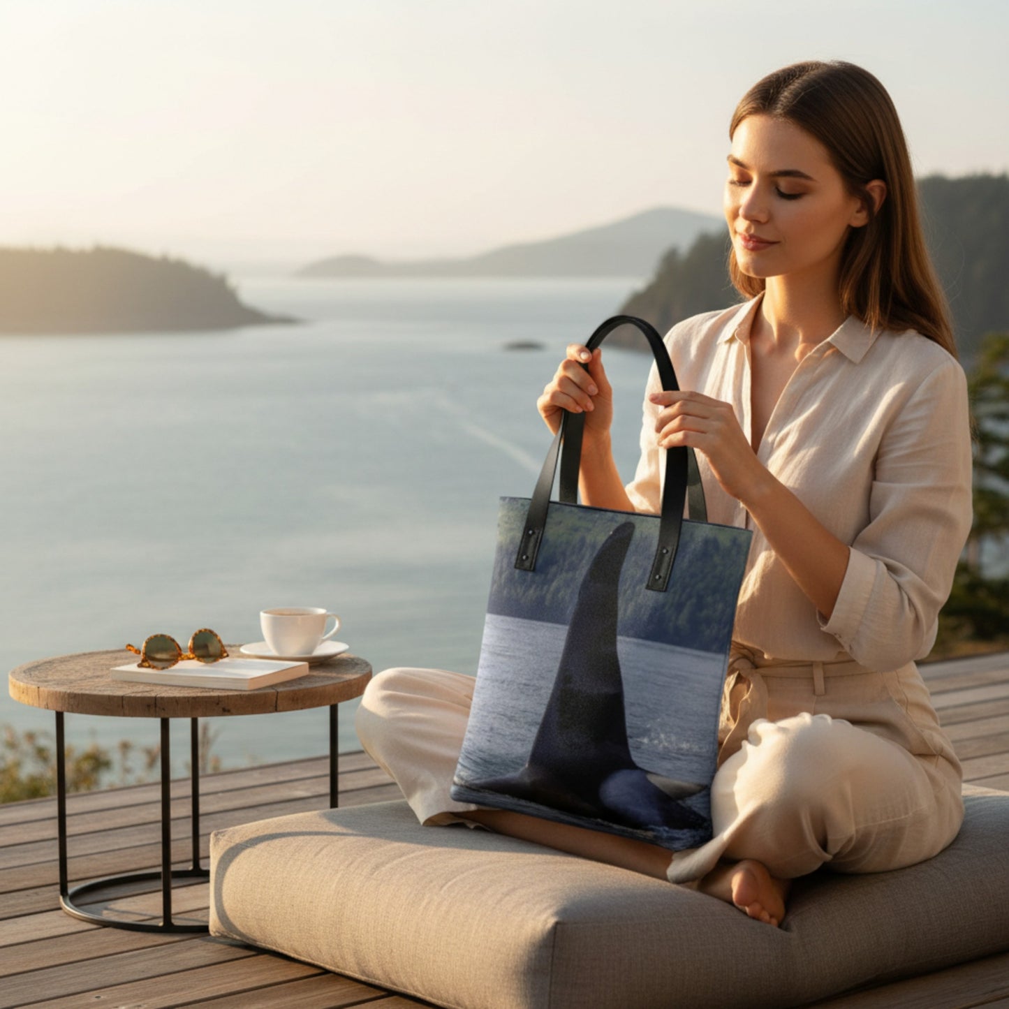 Woman holding a tote bag by a scenic waterfront