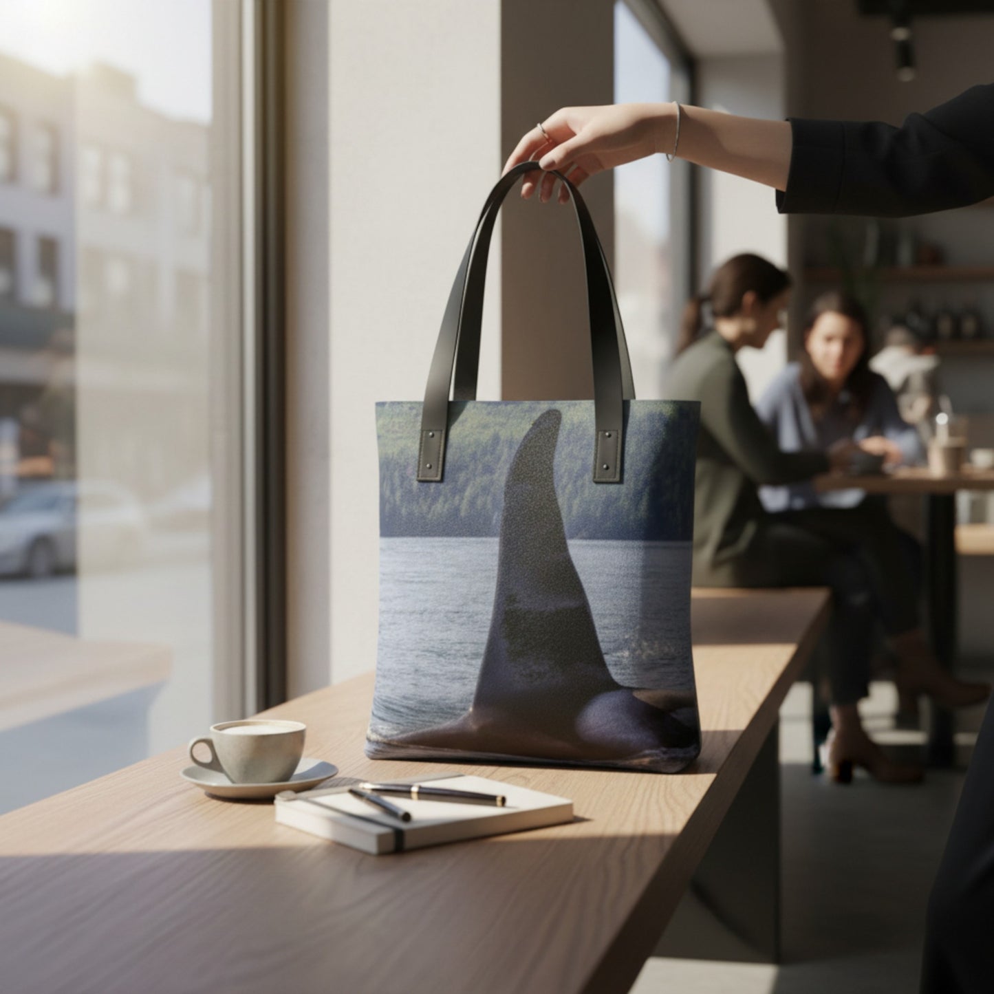 Tote bag with nature design on a table in a cafe setting