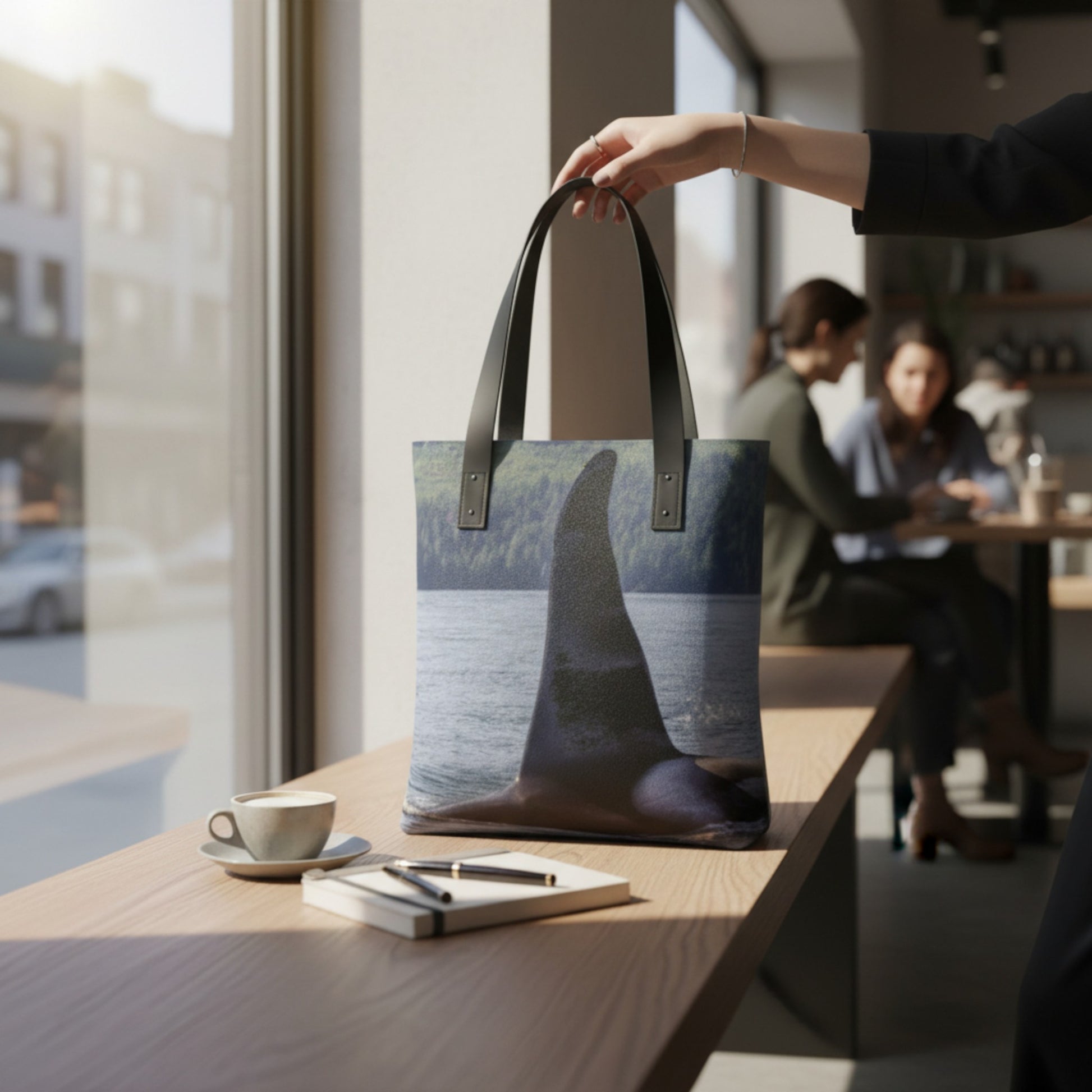 Tote bag with nature design on a table in a cafe setting