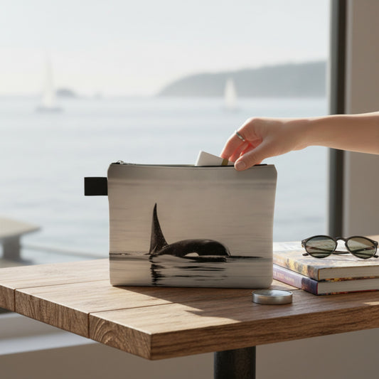 Hand reaching into a pouch with a whale design on a wooden table by a window.