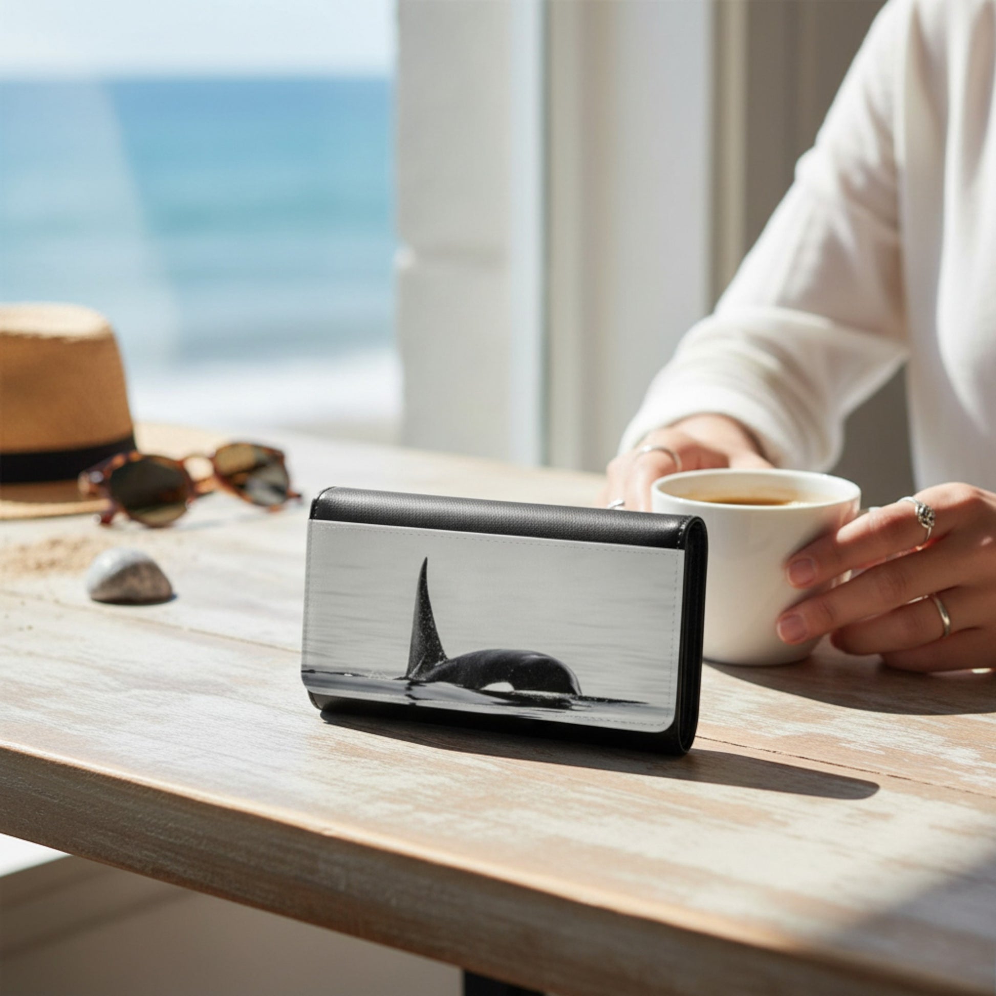 Person holding a cup of coffee next to a whale-themed electronic device on a wooden table with a scenic background.