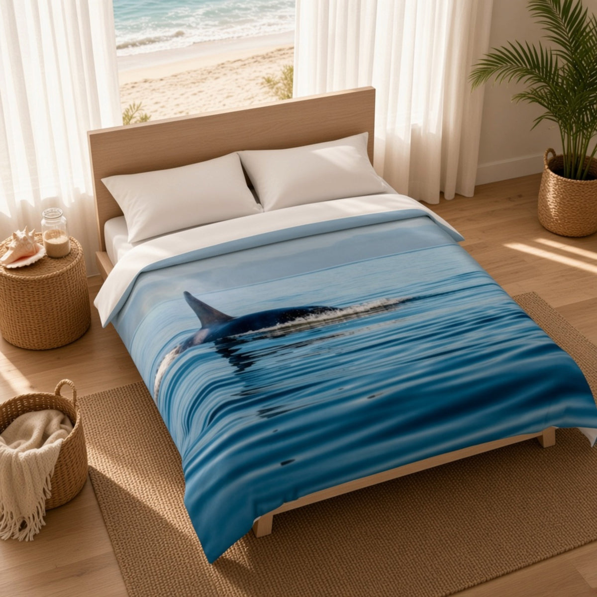 A bed dressed in a blue ocean-themed duvet cover featuring a shark swimming through rippling water, styled in a bright beach-inspired bedroom with white curtains, a window view of the ocean, and a wooden headboard.