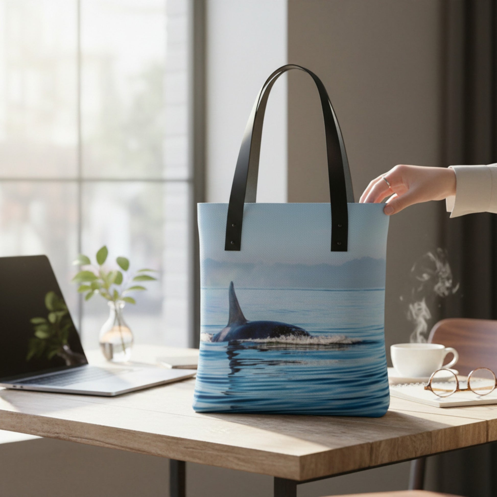 Tote bag with a whale design on a table next to a laptop and coffee cup.