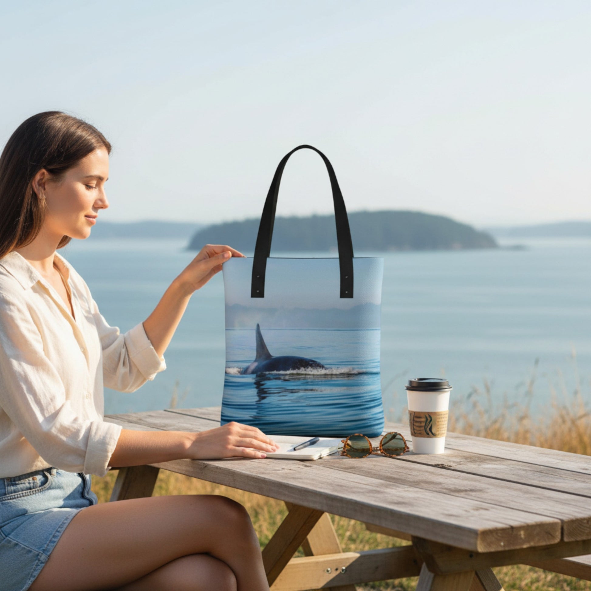 Woman holding a tote bag with a whale design by the sea