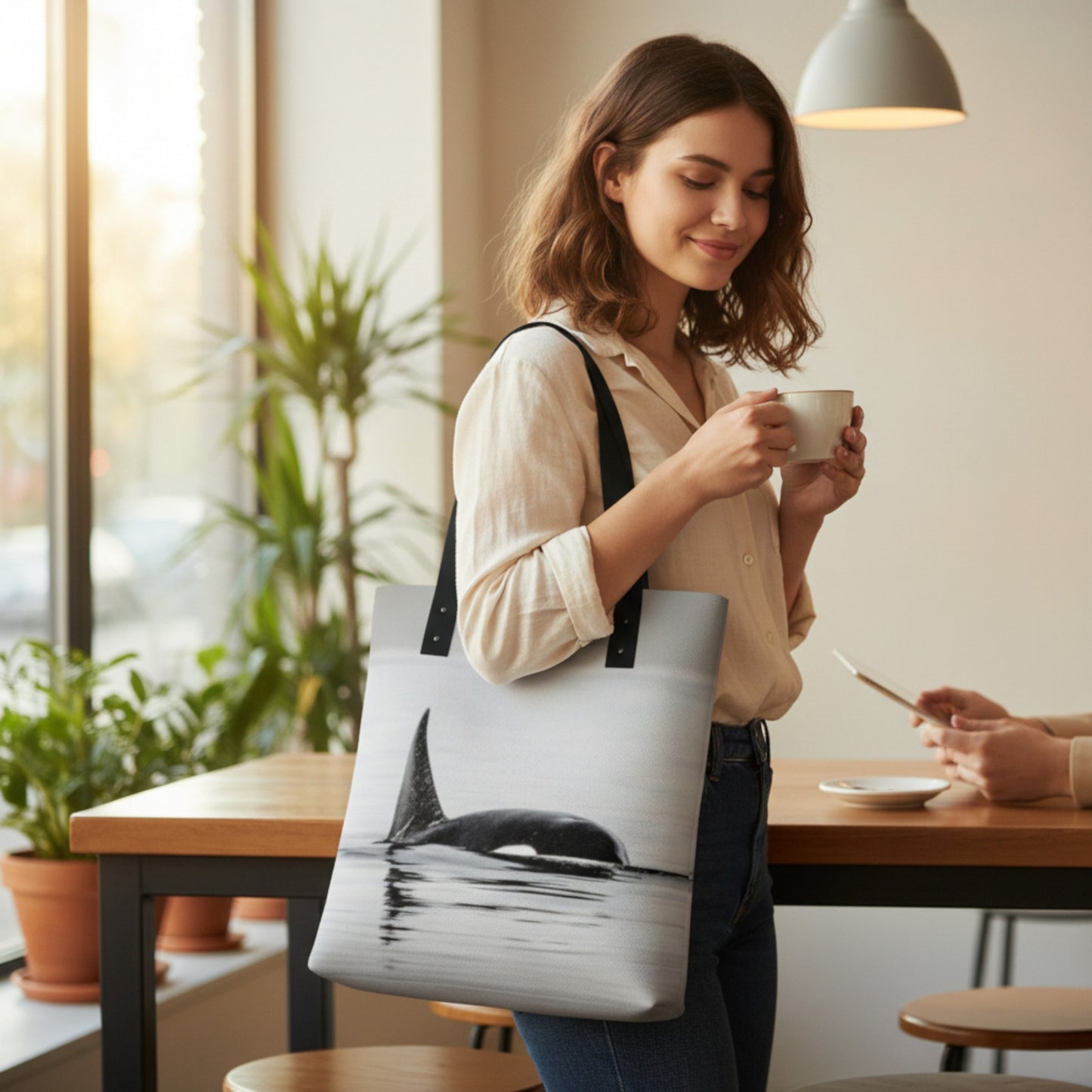 Woman holding a cup and a tote bag with a whale design in a cafe.