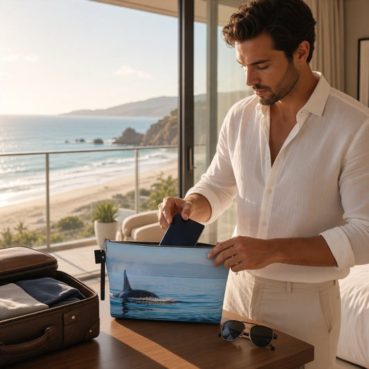 A man in a white linen shirt and beige pants stands by a window in a sunlit room, placing a dark blue item into a zippered pouch printed with an ocean scene and a shark. An open brown suitcase and sunglasses sit on the table beside him, with a beach and ocean visible outside.