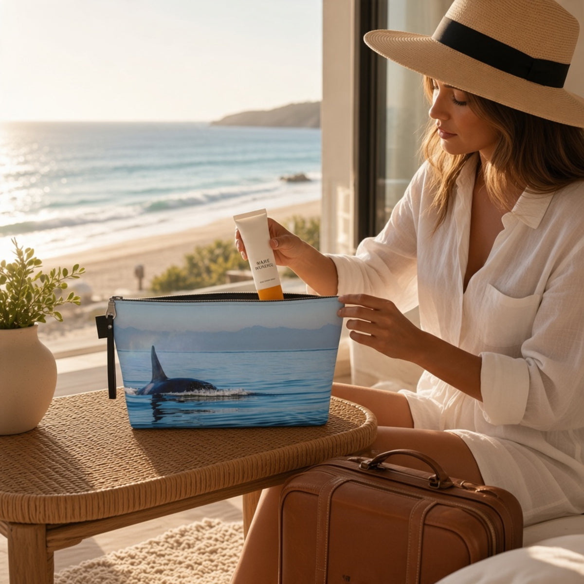 A woman in a white shirt and straw hat sits by a window overlooking the ocean, placing a sunscreen tube into a zippered pouch printed with an orca in blue water. A brown suitcase rests beside her on a woven table.
