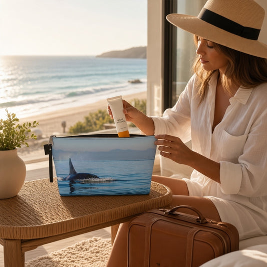 A woman in a white shirt and straw hat sits by a window overlooking the ocean, placing a sunscreen tube into a zippered pouch printed with an orca in blue water. A brown suitcase rests beside her on a woven table.