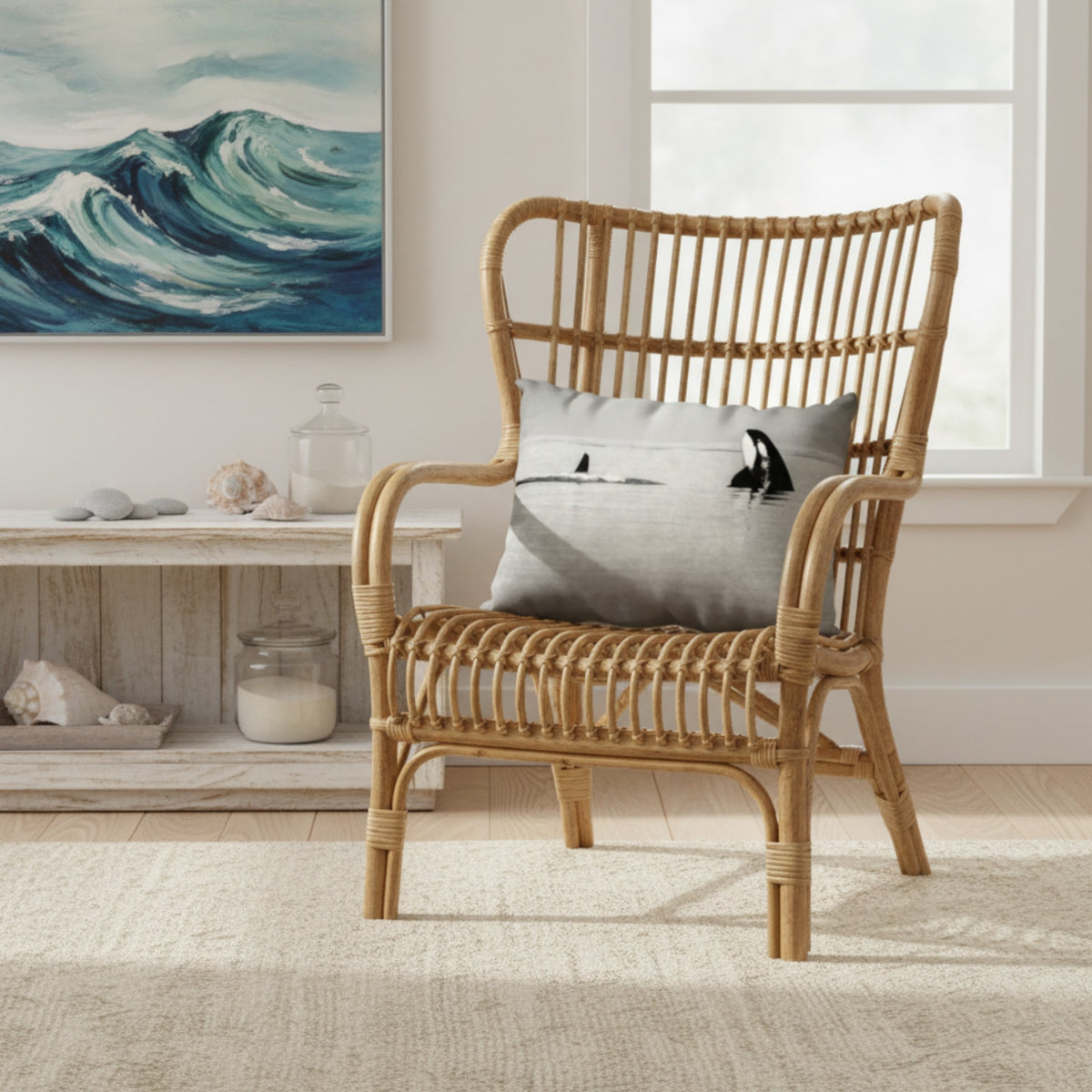 A tall woven rattan armchair in a light natural tan color, styled in a bright room with a gray pillow featuring a black and white whale print. A wooden console table with seashells and a blue wave painting is visible in the background.