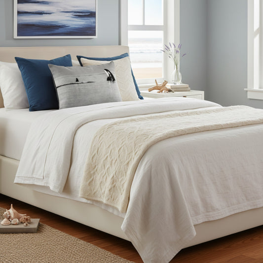 A neatly made bed in a bright bedroom, styled with white bedding, a cream textured throw blanket, navy blue pillows, and a light gray decorative pillow with a bird motif. The room has light gray walls, a window, and a small bedside table.