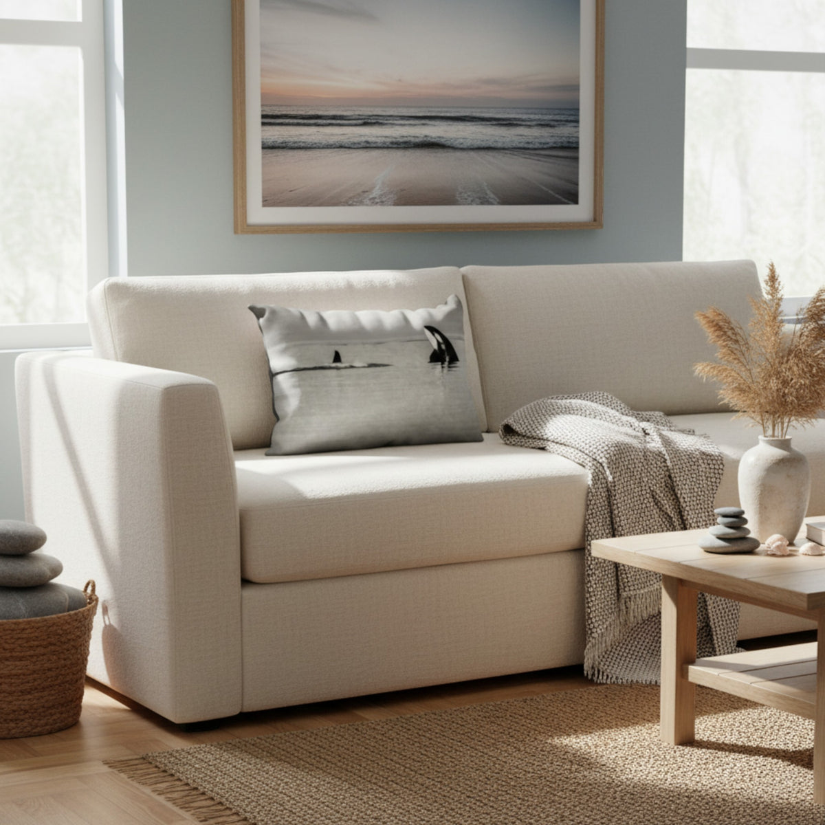A cream-colored fabric loveseat sofa in a bright, modern living room setting, styled with a matching throw pillow, a textured knit blanket, and a wooden coffee table.