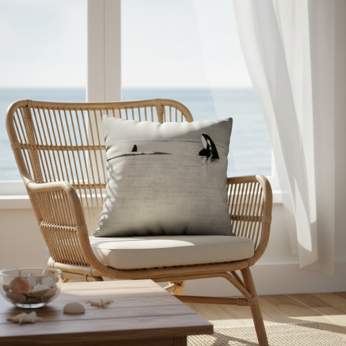 A square throw pillow with a minimalist black whale print on a light gray linen-textured fabric, styled on a rattan armchair in a bright, sunlit room with an ocean view.