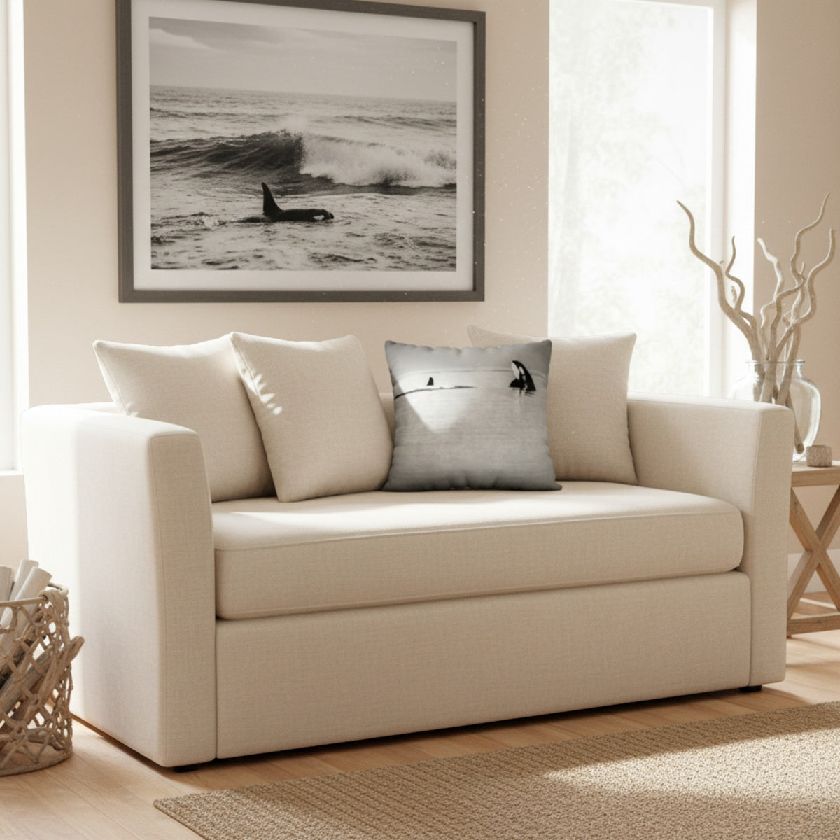 A cream-colored upholstered loveseat or sofa in a bright, modern living room, styled with three cream throw pillows and one gray pillow featuring a minimalist bird silhouette. A large framed black and white ocean wave print hangs on the wall above.