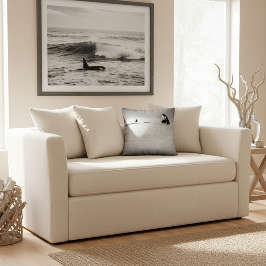 A cream-colored upholstered loveseat or sofa in a bright, modern living room, styled with three cream throw pillows and one gray pillow featuring a minimalist bird silhouette. A large framed black and white ocean wave print hangs on the wall above.
