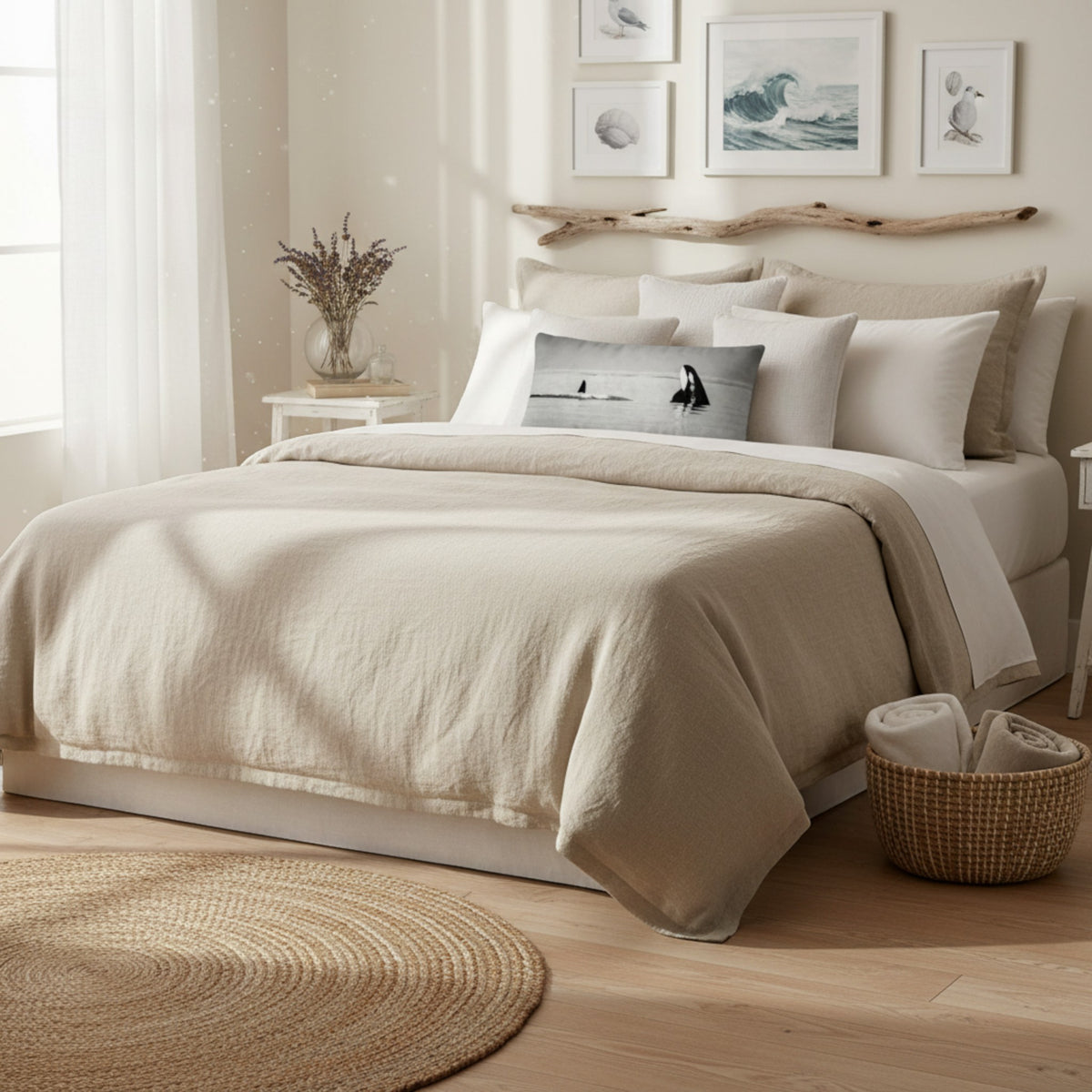 A neatly made bed in a bright, sunlit bedroom with beige and off-white bedding, multiple pillows including a small printed accent pillow, a rustic wood headboard, framed wall art, a woven rug, and a basket on the floor.