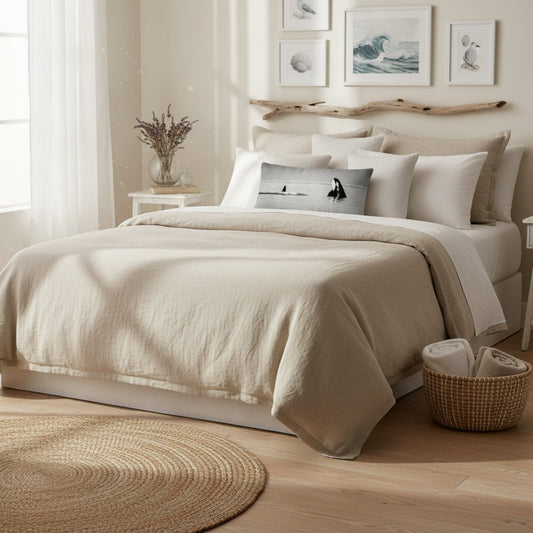 A neatly made bed in a bright, sunlit bedroom with beige and off-white bedding, multiple pillows including a small printed accent pillow, a rustic wood headboard, framed wall art, a woven rug, and a basket on the floor.