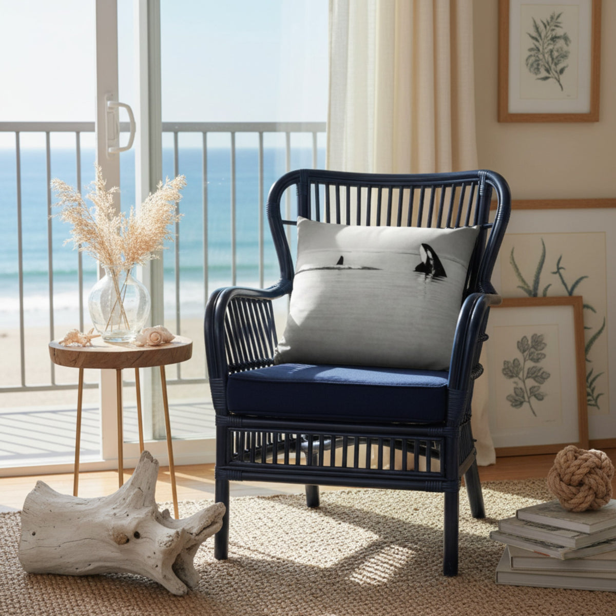 A navy blue woven outdoor armchair with a blue cushion and a light gray pillow featuring a black bird illustration, styled in a bright beach-view room.